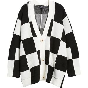 Dressed In LALA Women's Black & White Checkerboard Oversized Cardigan L/XL NWOT